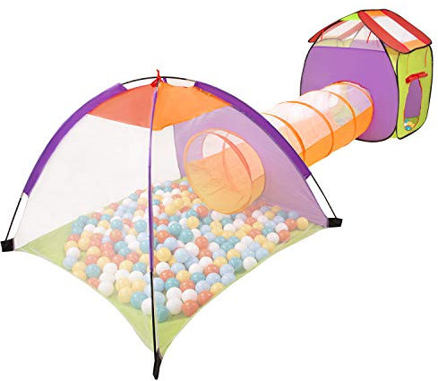 SELONIS 3In1 Spielzelt Mit Tunnel Spielplatz Popup Bällebad Mit 100 Bälle Für Kinder, Mehrfarbig:Weiß/Gelb/Orange/Babyblau/Türkis