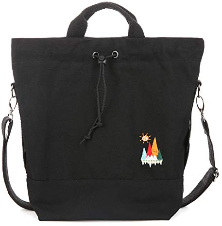 Togood Damen-Handtasche aus Segeltuch, lässige Schultertasche, Arbeitstasche mit Sonnenschein-Stickerei, Schwarz, Medium