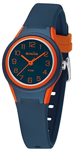 SINAR Mädchen Jungen Unisex Armbanduhr Sportuhr Fitness Analog Quarz 10 Bar wasserdicht Dunkelblau Orange XB-47-12