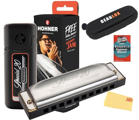 Hohner Special 20 Harmonica - Key of C Bundle with Zip Case, Instructional Manual, and Austin Bazaar Polishing Cloth