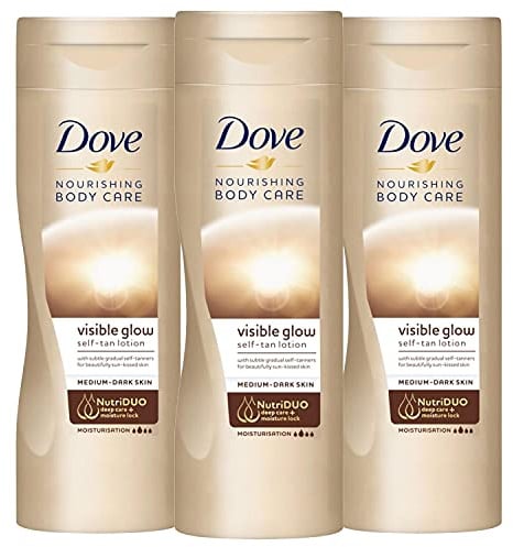 3 Pack Dove Visible Glow Self Tan Lotion Medium to Dark for Gradual Skin Tone, 400ml