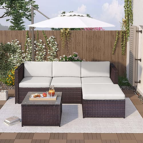 KecDuey Gartenmöbel,Polyrattan Lounge-Sofagarnitur, Lounge-Gartenmöbel, Ecksofa, Couchgarnitur mit Sitz- und Rückenkissen, Lounge-Tisch mit Glasplatte (Gartenmöbel Braun#)