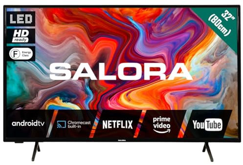 SALORA Smart TV 32 Pollici, Televisore con 32 Pollici Display HD Smart TV Android, Sintonizzatore DVB-T2/S2 HEVC 10 | WiFi, Netflix Televisore 32 pollici | Nero