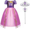 ACWOO Kinder Mädchen Prinzessin Kostüm, Prinzessin Rapunzel Lang Kleid Festkleid Maxikleid mit Diadem Handschuhe Zauberstab usw für Party Cosplay Verkleidung Festlich Karneval