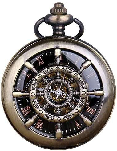 Tiong Männer Mechanische Antike Boot Ruder Taschenuhr mit Kette Steampunk Hand Aufziehen Skelett Taschenuhren