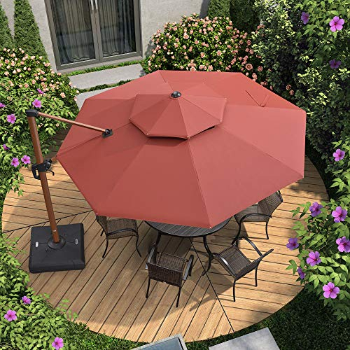 PURPLE LEAF Alu Holzoptik Ampelschirm Sonnenschirm Ø 330 cm Drehbar Gartenschirm Groß 360°Drehbar mit Kurbel Doppeldach, XXL Bordeaux
