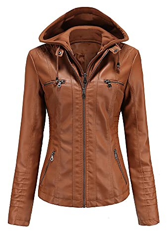 E-girl Damen Braun Lederjacke Schlank Kurz Kunstleder Kapuze Jacket Reißverschluss Motorrad Jacke für Frühling und Herbst,L,C6699N