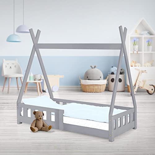 ML-Design Kinderbett Tipi 70x140 cm Hellgrau mit Rausfallschutz und Lattenrost, Kiefernholz, Indianer Bett für Mädchen und Jungen, Hausbett mit Zaun, Bodenbett Kinderhaus Jugendbett Spielbett Zelt