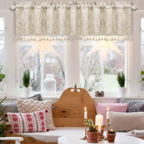 TOPLUXE Scheibengardine, Kurzstore für Schlafzimmer Esszimmer Wohnzimmer Küche, Damast Volant für Fenster 137x46 cm 1 Stück (Beige)