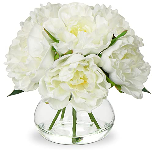 Oairse Fiori artificiali con 6 peonie in vaso di vetro – Stampa 3D Real Touch – Fiori artificiali come vera peonia per matrimoni, casa, hotel, feste, composizione floreale