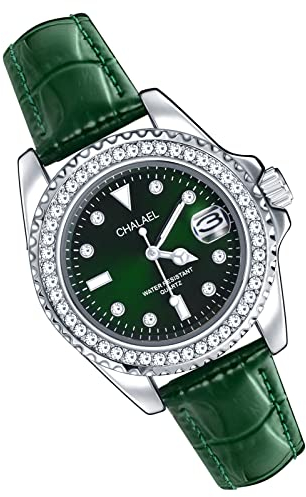 MicLee Montres Bracelet Femme Montres Quartz à Cadran Rond avec Strass Etincelants Montre Luxe pour Dame Fille Cadran Vert Montre Elegante avec Bracelet en Cuir PU Vert