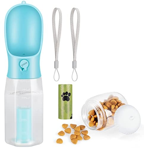 Zivacate Bouteille d'eau pour Chien, 600 ML Gourde Voyage pour Chien, Distributeur d'eau Extérieure Multifonctionnel pour Chien et Chat avec 100 g Récipient de Nourriture et Sac à Caca