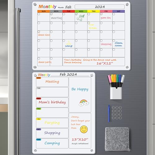 Acrylic Magnetic Dry Erase Board, 2-Pack Fridge Monthly Calendar & Vertical Weekly Whiteboard Memo Mate for Refrigerator, Wall, Glass, Kitchen, Office, 6 Colors Markers