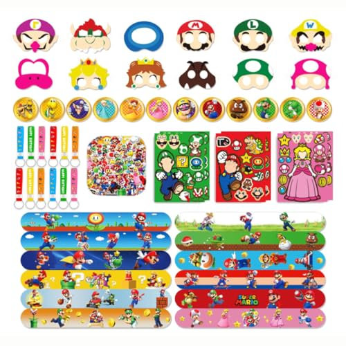 Deluisho Mario Party Decoration Supplies, 107PCS Mario Brothers Party Supplies, Mario B irthday Party Decorations, Mario Party Favors Including Mario Masks, Badges, Keychains, Snap Rings, Stickers