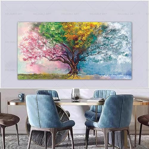 HOLEILUCK Quatre saisons arbre chanceux affiches et impressions toile peinture paysage coloré mur photos pour salon décor à la maison 65x150cm/26x59in avec-cadre