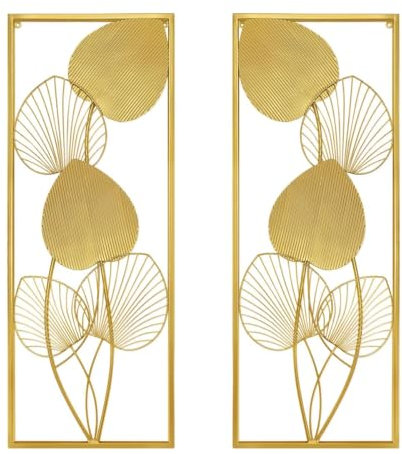 XUANYUQL 2 Pieces Metallic Leaves Wall Decors Luxury Golden Metal Art Wall Sculptures 32 X 12 Modern Wall Hanging Sculptures with Frame for Bedroom Living Room Kitchen Dining Room Office