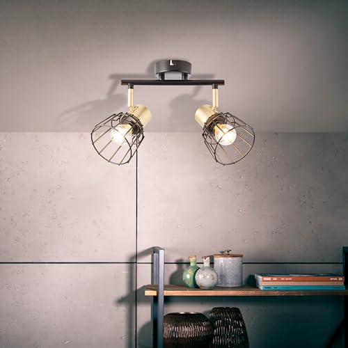 Lightbox glamouröses Spotrohr - 22 x 33 x 10 cm - Retro Deckenstrahler mit schwenkbaren Köpfen - 2 x E14, max. 40 W - aus Metall - in Schwarz Matt/Messingfarben gebürstet
