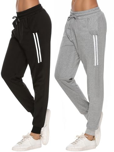 Sykooria Damen Jogginghose Sporthose Lang Yoga Hosen Freizeithose Laufhosen Baumwolle High Waist Trainingshose für Frauen, 2pcs-Schwarz+Grau, L