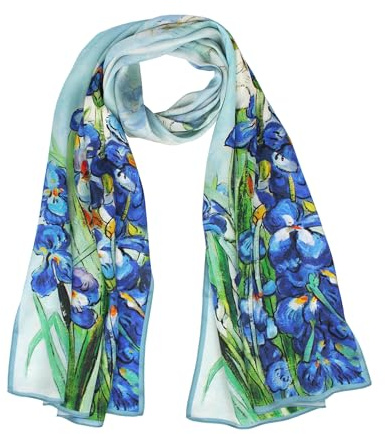 ANDANTINO 100% Mulberry Silk Long Scarf for Women Large Shawls for Headscarf and Neck- Oblong Hair Wraps with Gift Packed(Oil Painting-Irises)