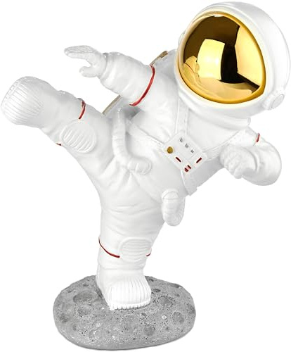 BRUBAKER Dekofigur Astronaut in Karate Pose - High Kick - 19 cm Spaceman Weltraum Figur mit verchromtem Helm - Handbemalte Moderne Raumfahrt Statue - Gold und Weiß