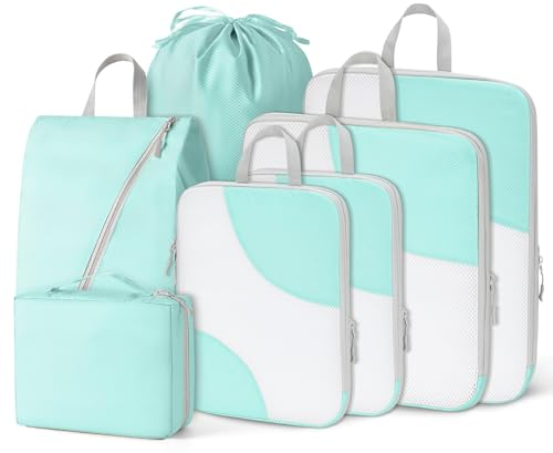 Joyoldelf Packing Cubes Compression Koffer Organizer - 7 Teiliges Packwürfel Travel Organizer für Rucksack und Koffer, Kompression Kofferorganizer packtaschen Set - Hellblau