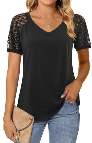 Beluring Blouses for Women Elegant Shirts Summer Tops Plain V-Neck Tshirt, Black Size 18-20