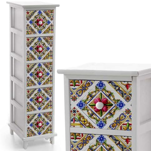 BAKAJI Cassettiera Mobile Mobiletto Salvaspazio 5 Cassetti Slim Kommode mit 5 Schubladen, schmal, Retro-Stil, Capri Shabby Chic, Holzwerkstoff, Weiß, Standard