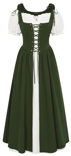 SCARLET DARKNESS Ladies Renaissance Cottagecore Dresses for Women UK Off Shoulder Lace up Maxi Pirate Peasant Dress 2Pcs Olive Green XL