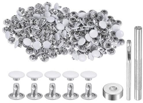 QUARKZMAN 100 Juegos Remaches de Cuero 8mm x 6mm Remaches de Metal de Doble Tapa Presión Broches Sujetadores Con 3 Instalación Herramientas para Cuero Manualidades Blanco