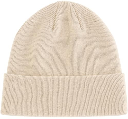 PHILIGHTS Beanie-Mütze aus 100 % Baumwolle, gestrickt, Wintermütze, für Damen und Herren, Slouchy Beanies mit Bündchen, warme Skimütze, 1 x Beige, 3