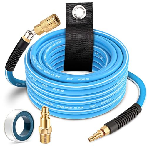 EVOULTES Tuyau d'air robuste de 1,9 cm x 15,7 m avec limiteur de coude, tuyau de compresseur d'air hybride avec collecteur d'air pivotant à 360° et raccords d'air NPT en laiton de 6,35 mm, kit de