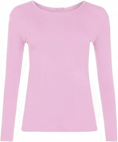 FASHION MY LOVE Women Ladies Long Sleeve Round Neck Plain Top Stretchy Casual Summer T-Shirts Basic Slim fit Tee Tops UK Plus Size 8-26 Baby Pink