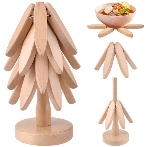 Untersetzer Baum, 4 Stück Untersetzer Holz mit Ständer, Wooden Tree Coaster Set, Faltbare Topfuntersetzer Holz Holzuntersetzer für Heiße Gerichte, Küche Geschenk Home Ornamente