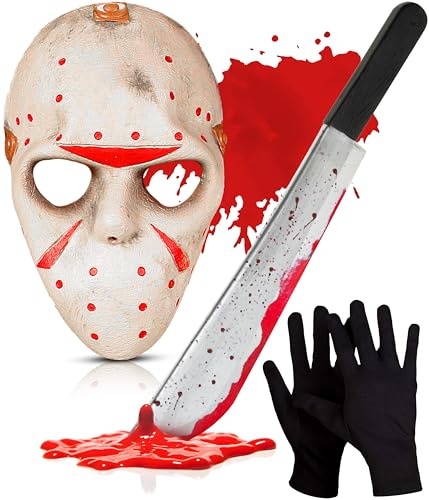 Mega_Jumble Adult Halloween Escape From 911 Jason Killer Hockey Mask, Bloody Machete and Black Gloves | Horror Festival Scary Fancy Dress Costume Accessory