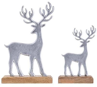 Amago home Dekofigur 2er Set Hirsche Aufsteller 14/20x22/32cm Dekofigur Aluminium Mangoholz