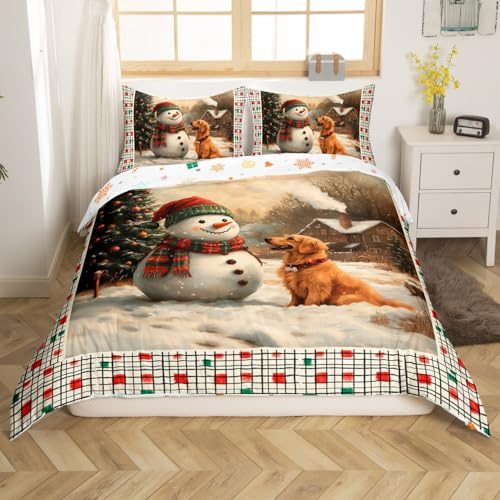 Loussiesd Christmas Snowman Bettwäsche Set 135x200cm Frohe Weihnachten Betten Set für Jungen Mädchen Xmas Schlafzimmer Bett Dekor Dog Golden Retriever Bettbezug Set Christmas Bettwäsche-Set
