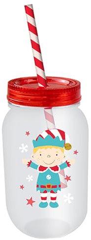 Widdle Gifts Christmas Mason Jar and Straw - Re-useable Sturdy Plastic Childrens Mason Jar and Re-useable Straw Elf 4045