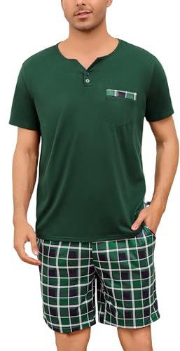 Bresdk Schlafanzug Herren Kurz Sommer Baumwolle Kariert Zweiteiliger Pyjama Set Grün Kariert L