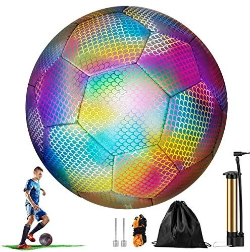 RHAIQBVC Reflective Football Standard Size 5 Holographic Football and Pump for Night Games and Training Glow in The Dark by Light Reflect Flashing Soccer Ball for Kids Adults Outdoor Sports