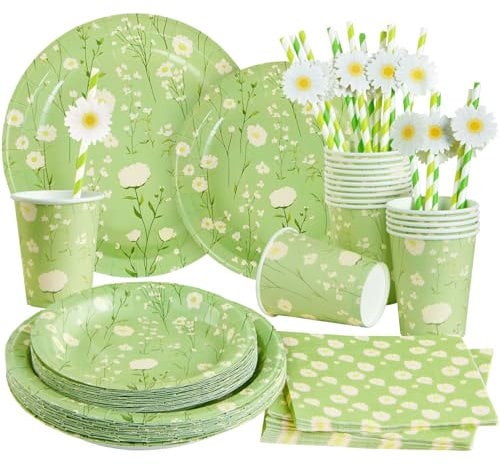 EASY JOY 80Pcs Daisy Birthday Party Tableware Paper Plates Cups Napkins Green Daisy Birthday Party Decoration Spring Floral Party Plates Set for Summer Garden Afternoon Tea Supplies-16 Guests