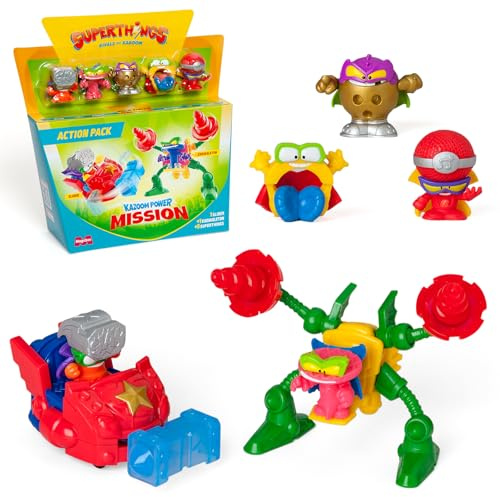 Superthings KAZOOM Power Mission – Action-Pack enthält 5 SuperThings (inklusive 1 Goldener Superführer), 1 Exoskeleton, 1 Slider, 4 x 4 Stück