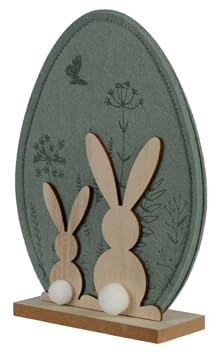 Dekofigur Osterei mit Osterhasen 20,5cm Filz Holz - Dekoei mit Hasen für Ostern Frühling - Osterdeko Osterschmuck - Osterfiguren Ostergeschenk - Frühlingsdeko Tischdeko - Grün Natur
