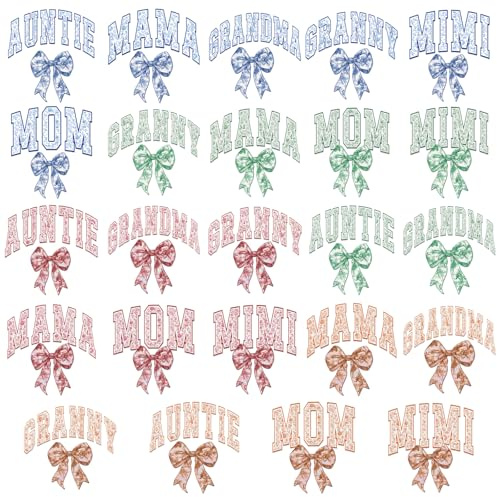 INCOK Bow DTF Transfers Ready to Press - 24 Sheets MOM Mama Grandma Auntie Iron on Transfers Coquettee Blue Green Yellow Iron on Vinyl Design for Tshirts Clothes Jacket Hat Bag DIY Craft