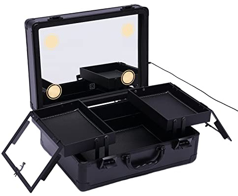 WooDerson Make-up Train Case, Kosmetikkoffer mit LED Licht und Spiegel, Kosmetik-Organisator Schminkkoffer mit individuellen Unterteilungen/großes Makeup Artist Organizer Set (Schwarz)