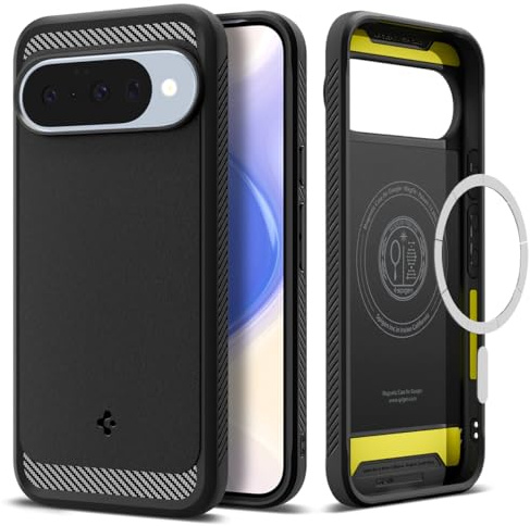 Spigen Rugged Armor MagFit für Google Pixel 10 Pro/10 -Matte Black | Kompatibel mit MagSafe, Carbonfaser Muster, Sicherer Grip, Air Cushion Tech, Military-Grade Schutz