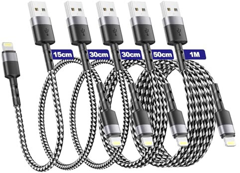 iPhone Ladekabel Kurz [5Pack15CM+30CM+30CM+50CM+1M] Light-ning Kabel Nylon iPhone Charger Kabel Kompatibel für iPhone 14 13 12 11 Pro Max Mini XS XR X SE 2020 8 8 Plus 7 7 Plus 6s 6 5s 5, Schwarz