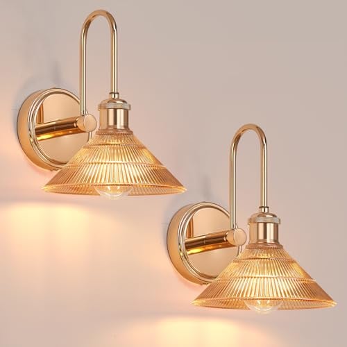 Vikdio Wandleuchte Set 2-tlg, Goldfarben Vintage Wandlampe mit Rundem Bernsteingelben Glasschirm, Festverkabelte Wandleuchten für Schlafzimmer, Badezimmer, Wohnzimmer | Inkl. 2 LED Birnen