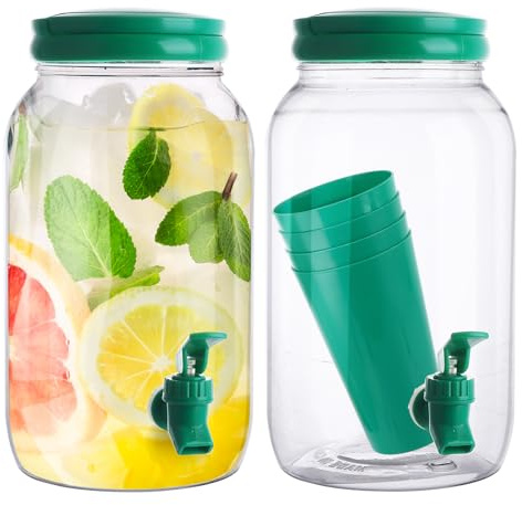 LDHHYH 2 Pack Drink Dispenser with Tap, 3.8L Cold Water Dispenser, Portable Fridge Drinks Dispenser Water Jug with 600ml Cups, Plastic Beverage Dispenser for Parties Cold Water Milk Ice Tea Juice