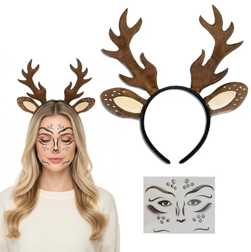 NieYat Reh Geweih Haarreif Damen, Hirschgeweih Haarriem für Karneval und Mottoparty, Reh Kostüm Accessoire mit Gesichtstattoo für Familienfeiern, 26x11cm Größe mit Aufkleber
