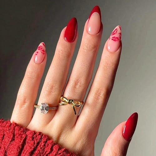 Red Press on Nails Almond - 24Pcs French Tip False Nails with Lips Design - Acrylic Fake Nails with Glue Long Lasting - Removable Stick on Nails for Women Valentine's day